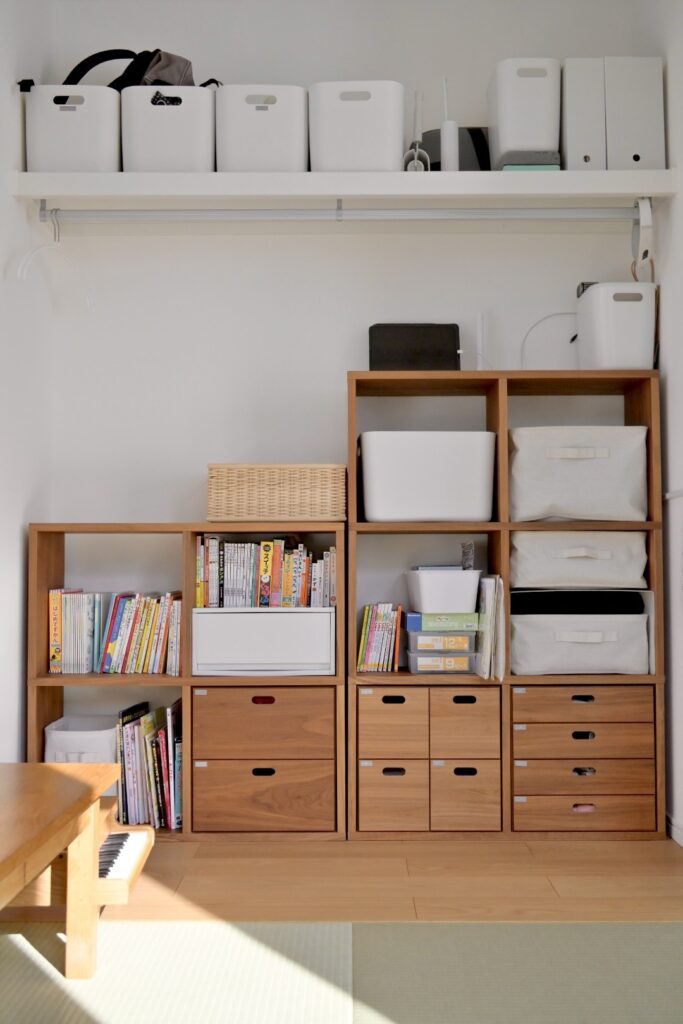 無印スタッキングシェルフの子供用品収納