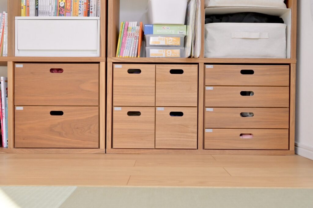 無印スタッキングシェルフの子供お仕度コーナー